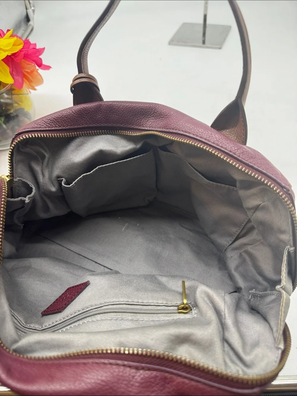 Fossil Leather Colorblock Satchel Bag in Burgundy, Navy & Gray
